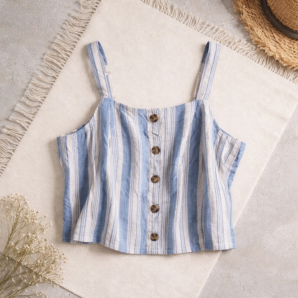 Torrid 2 Blue White Striped Linen Blend Button Front Smocked Cami Top Plus 2X